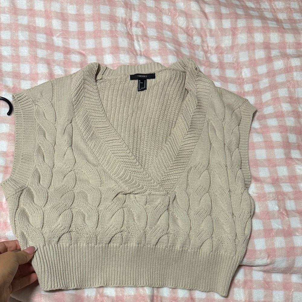 Forever 21 Beige Cable Knit V-Neck Sweater Vest